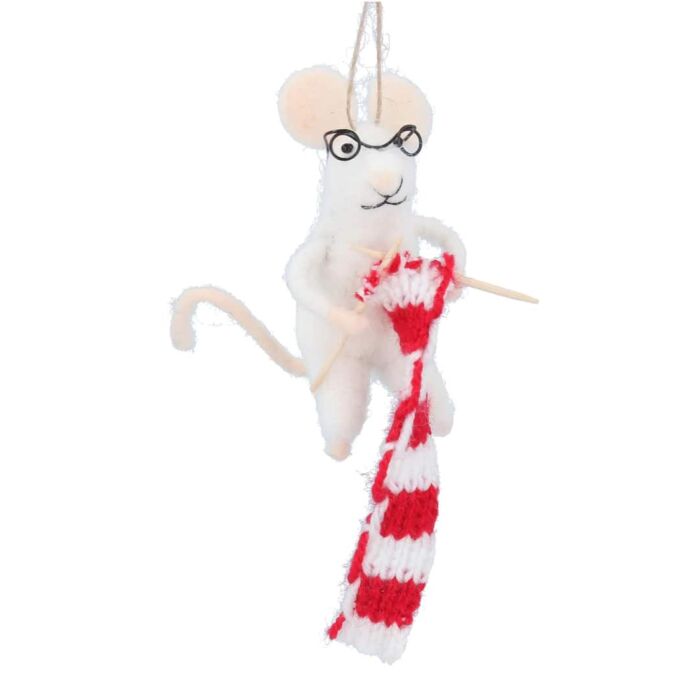 Gisela Graham Felt Mouse Knitting a Scarf Christmas Tree Decoration